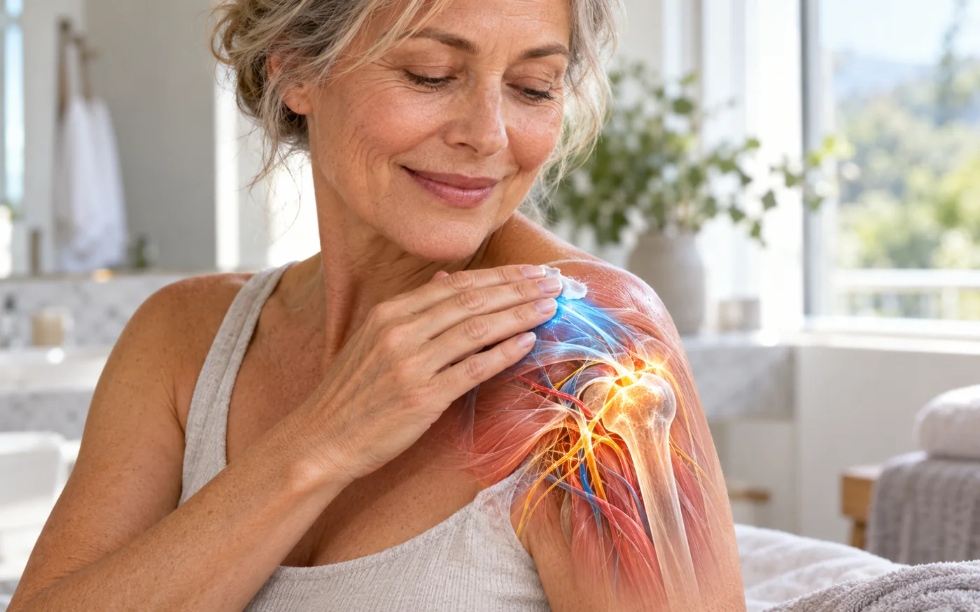 Woman applying cream to her shoulder, with blue outside-in and amber inside-out glow