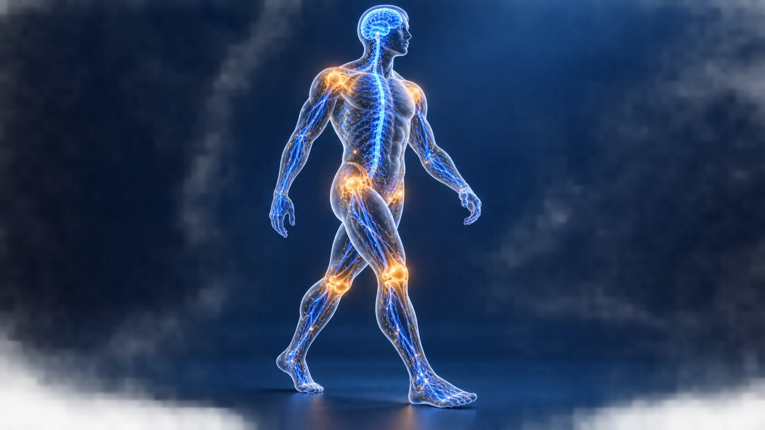Glowing human figure walking, with calm blue nerves and warm amber joints
