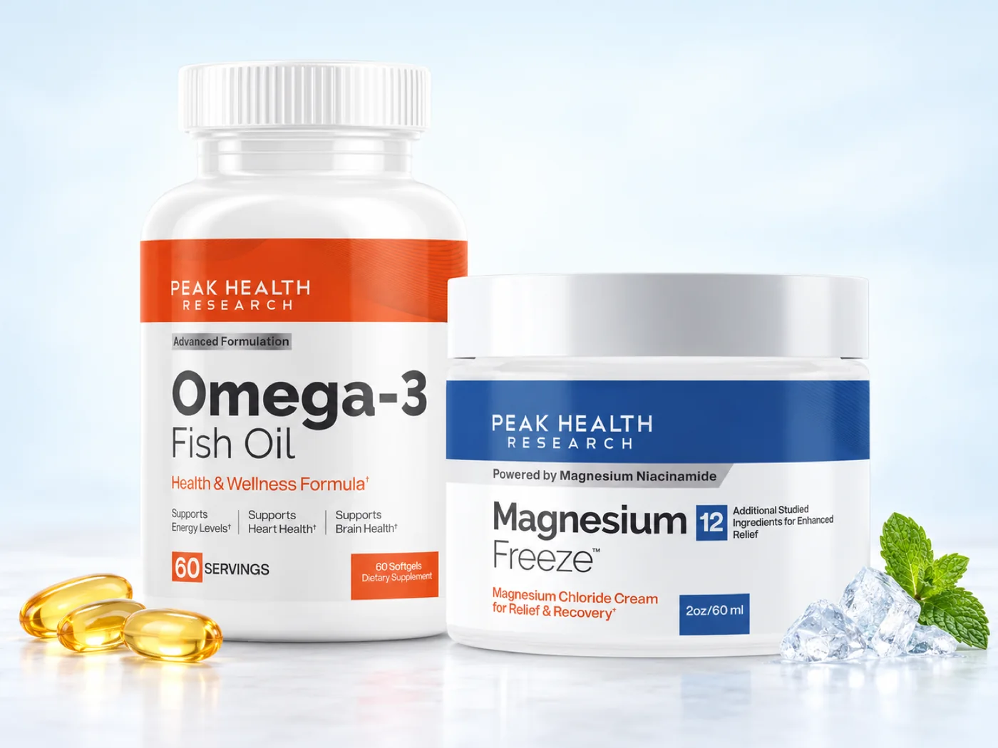 Peak Health Research Omega-3 Fish Oil bottle and Magnesium Freeze cream jar