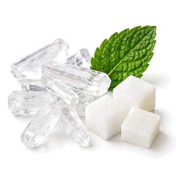 Menthol crystals and camphor with a mint leaf