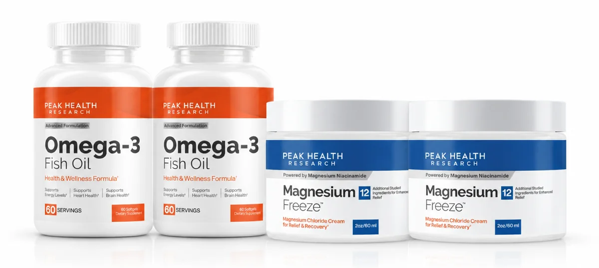 Two Magnesium Freeze jars and two Omega-3 bottles