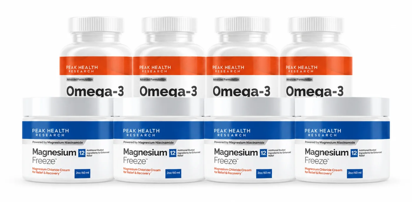 Four Omega-3 bottles and four Magnesium Freeze jars