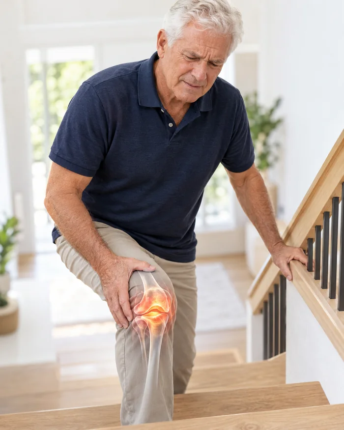 Man holding his knee with a glowing inflamed joint