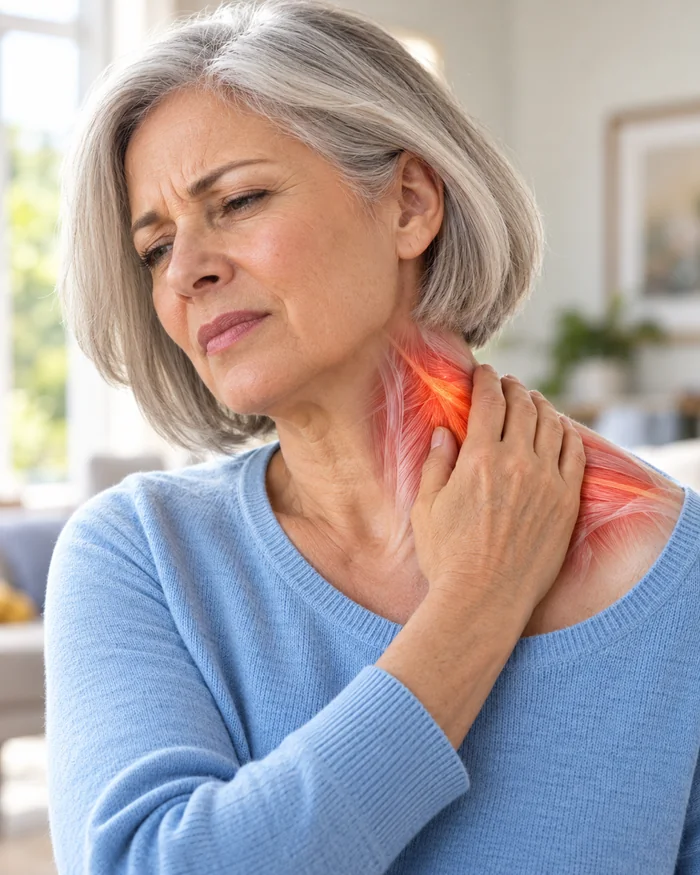 Woman rubbing a tight, glowing neck and shoulder muscle