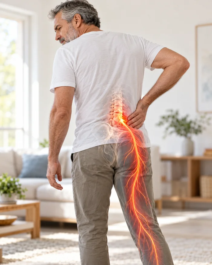 Man holding his lower back with a glowing sciatic nerve