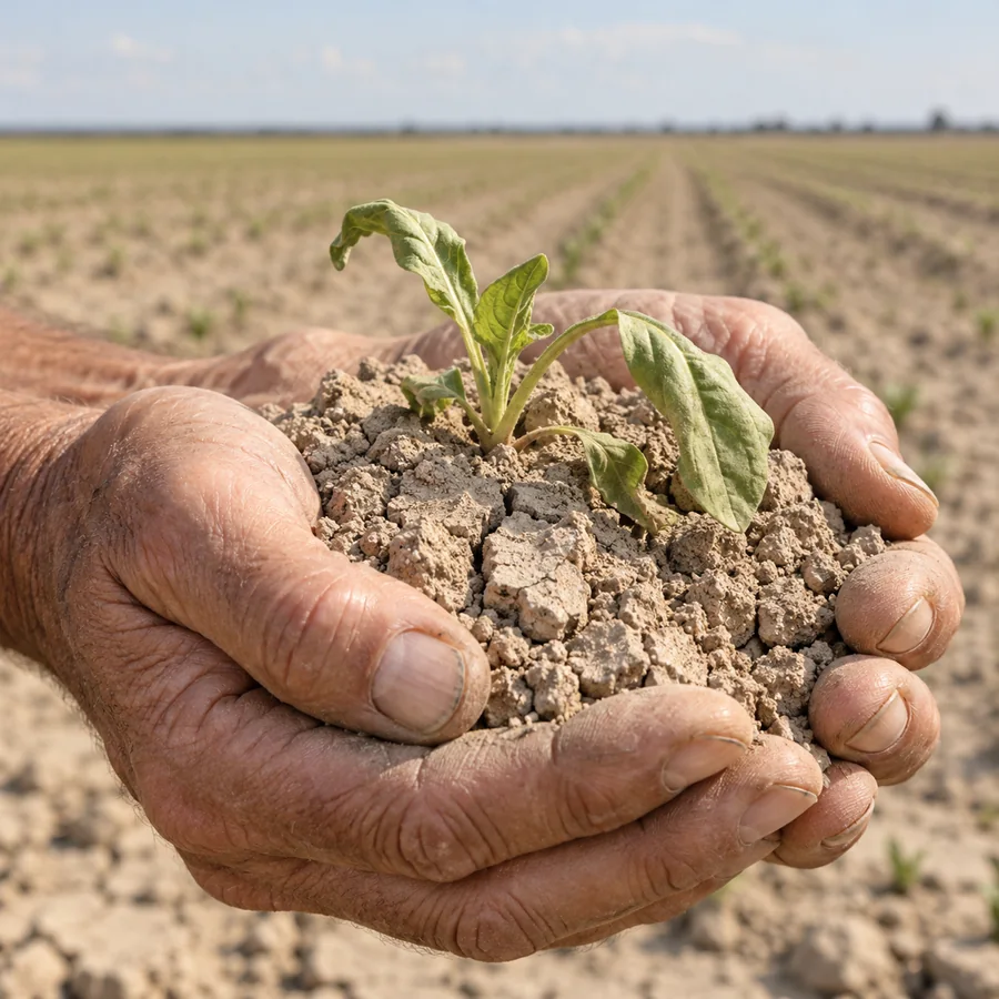 Weathered hands holding dry depleted soil with a pale seedling