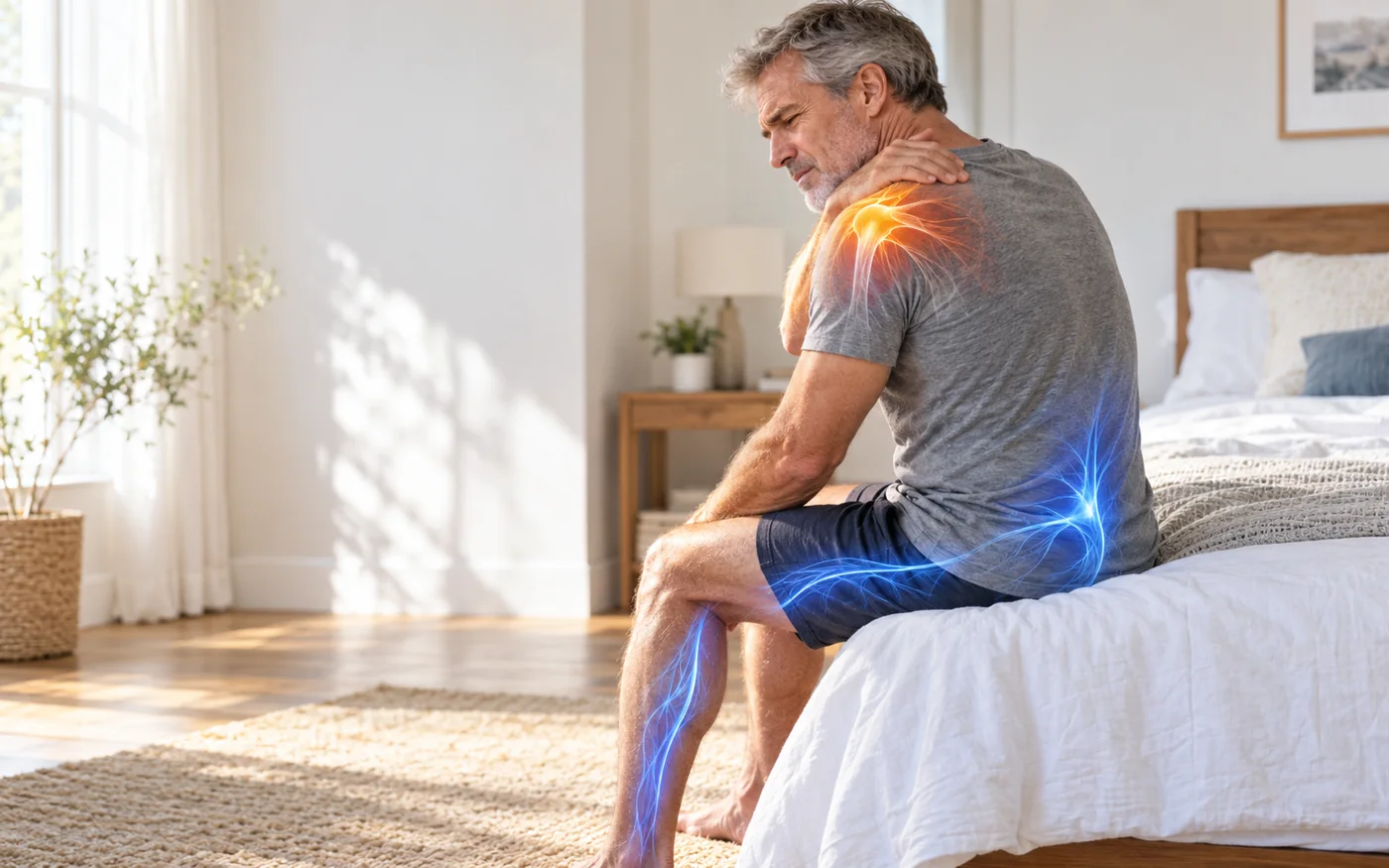 Man sitting on the edge of his bed in the morning holding his sore neck and shoulder