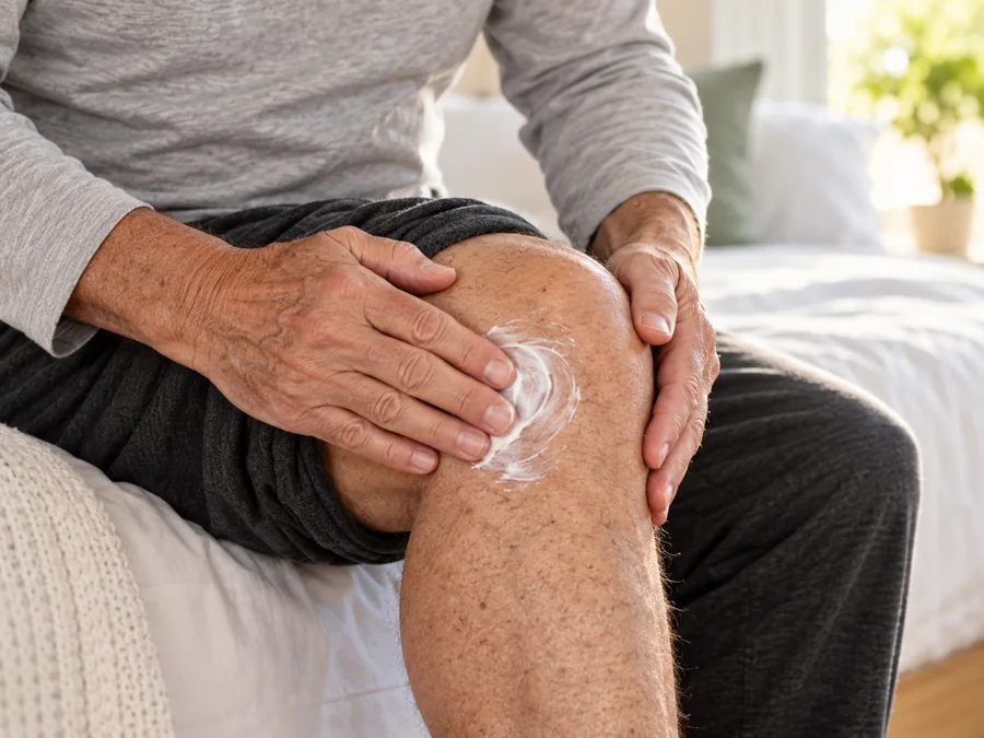 Hands massaging cream into the side of a knee