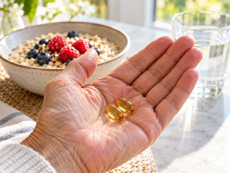 Two golden softgels in a palm over a breakfast table