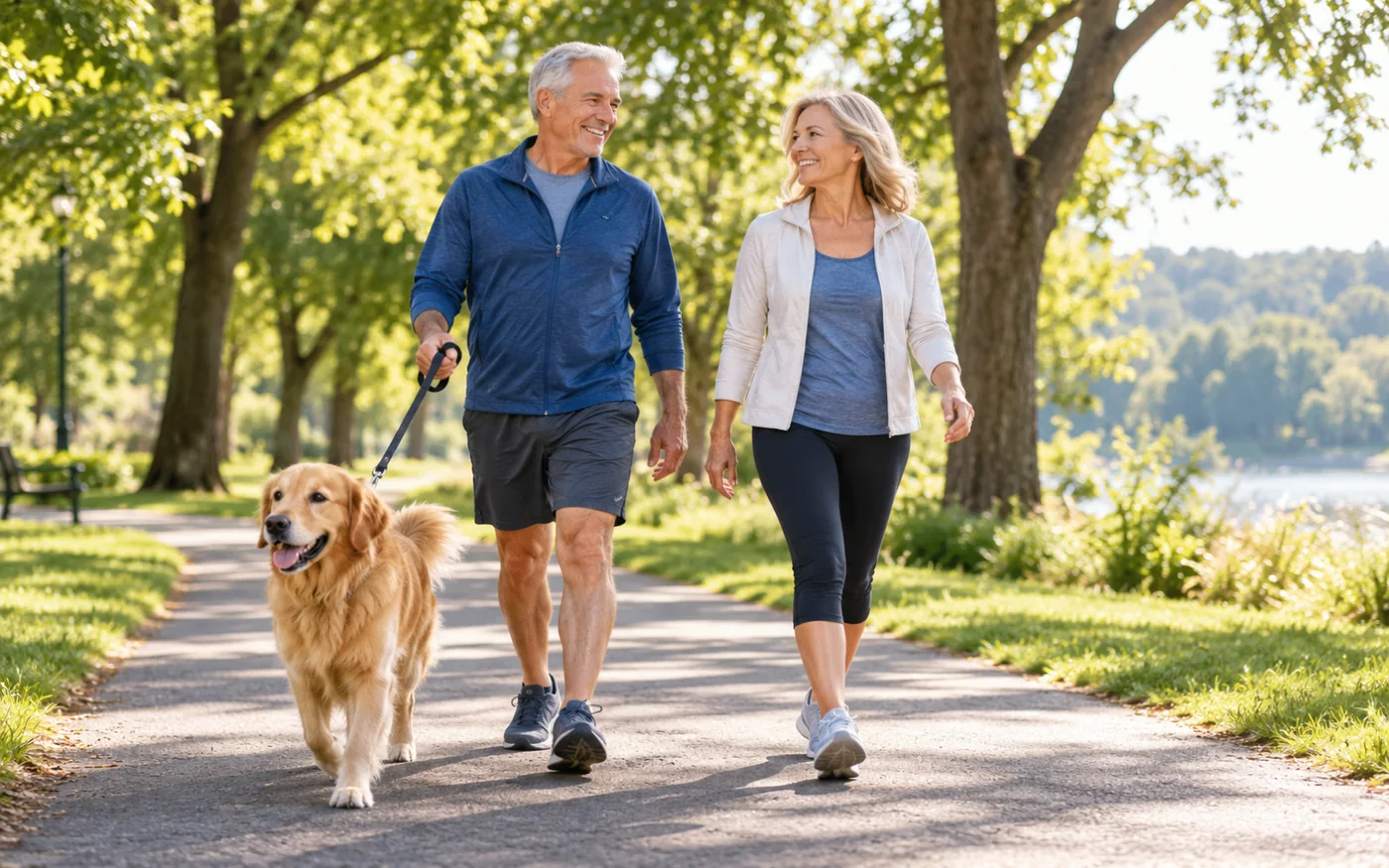 Happy couple in their sixties walking a golden retriever in a sunny park